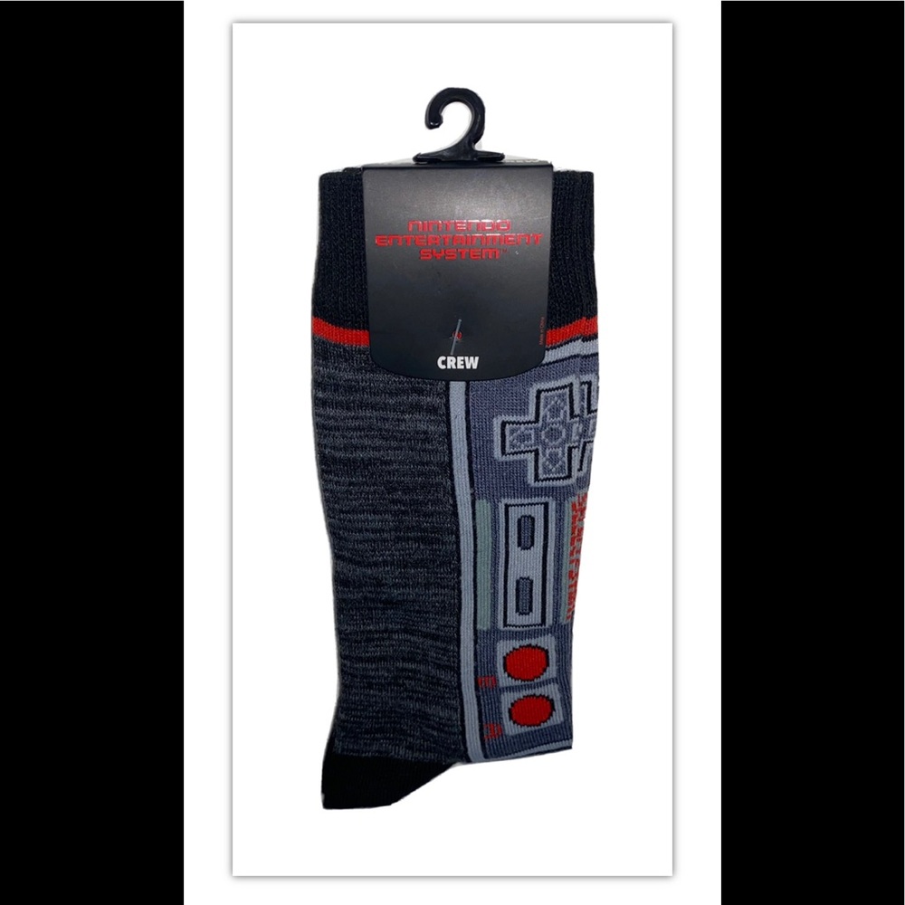 Nintendo Controller Crew Socks 1 Pair Men 8-12 Gray Black Red Gamer NES 8Bit NEW